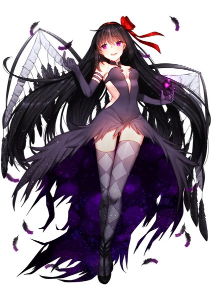 Anime picture 1000x1400 with mahou shoujo madoka magica shaft (studio) akemi homura akuma homura kelbell single long hair tall image fringe breasts open mouth light erotic black hair purple eyes bare shoulders looking away full body light smile arms up magic