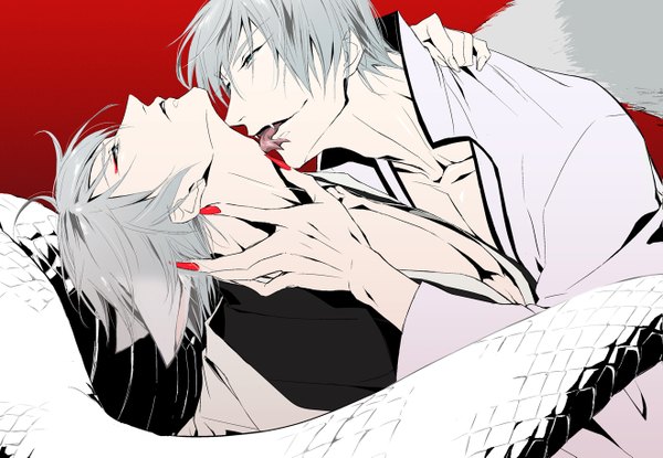 Anime picture 1319x913 with bleach studio pierrot ichimaru gin tom fringe short hair open mouth light erotic simple background animal ears tail nail polish traditional clothes japanese clothes profile aqua eyes fingernails grey hair multiple boys teeth