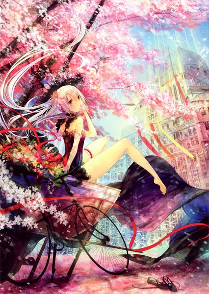 Anime picture 3035x4270 with original fuumi (radial engine) single long hair tall image looking at viewer blush highres red eyes absurdres white hair barefoot scan bare legs cherry blossoms girl dress flower (flowers) ribbon (ribbons) plant (plants)