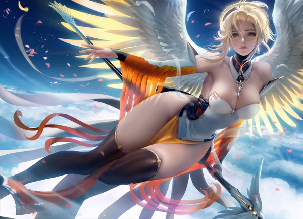 イラスト 3863x2790 と オーバーウォッチ blizzard entertainment mercy (overwatch) sakimichan ソロ カメラ目線 highres 短い髪 おっぱい 青い目 light erotic 金髪 大きな乳房 肩出し absurdres 空 cleavage cloud (clouds) realistic thighs