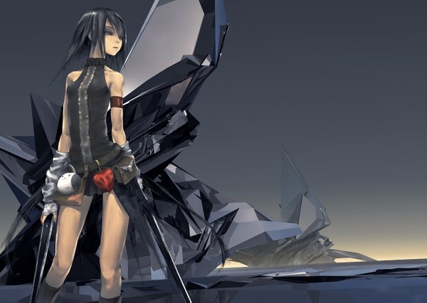 Anime picture 1280x909 with original redjuice single short hair black hair standing bare shoulders brown eyes looking away tattoo girl weapon wings insect butterfly skull