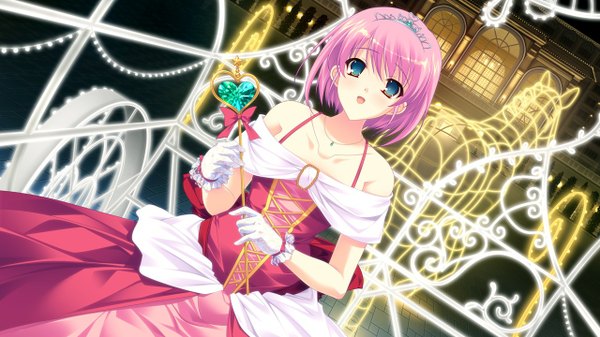 Anime picture 1280x720 with kimi wo aogi otome wa hime ni enatsu ayame short hair open mouth blue eyes wide image pink hair game cg girl dress