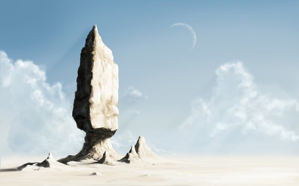 Anime picture 3527x2204 with original aspeckofdust (artist) highres wide image absurdres sky cloud (clouds) landscape rock desert moon