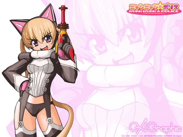 Anime picture 1024x768 with nyan nyan police gagraphic itokatsu single long hair looking at viewer fringe open mouth light erotic blonde hair hair between eyes purple eyes twintails signed animal ears tail :d animal tail cat girl cat tail