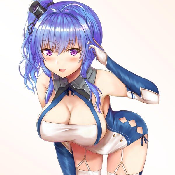 Anime picture 1536x1536 with azur lane st. louis (azur lane) buranketo 2 single long hair blush fringe breasts open mouth light erotic simple background hair between eyes white background purple eyes blue hair cleavage ahoge leaning leaning forward huge breasts