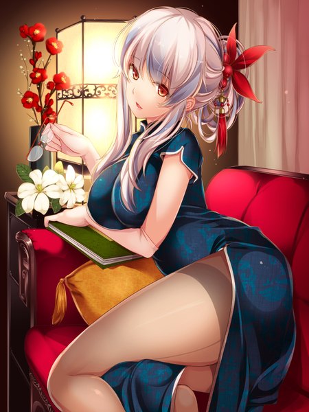 Anime picture 1201x1600 with touhou kamishirasawa keine moneti (daifuku) single long hair tall image fringe breasts light erotic red eyes large breasts sitting payot bent knee (knees) white hair traditional clothes parted lips head tilt on side chinese clothes