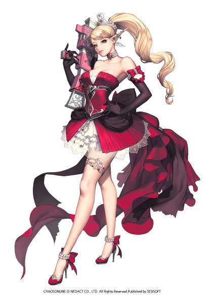 Anime picture 822x1200 with chaos online love cacao single long hair tall image looking at viewer blue eyes blonde hair simple background white background bare shoulders ponytail pointy ears hand on hip piercing girl dress gloves hair ornament weapon