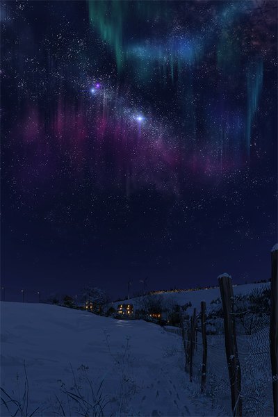Anime picture 600x900 with original johannes voss tall image night night sky light winter snow no people constellation milky way aurora borealis village building (buildings) star (stars) fence house