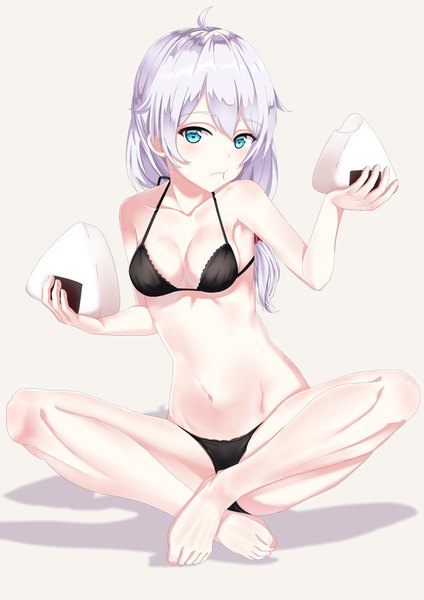 Anime picture 2480x3508 with benghuai xueyuan honkai (series) theresa apocalypse gatari single long hair tall image looking at viewer highres breasts light erotic simple background sitting bare shoulders silver hair full body ahoge barefoot aqua eyes shadow