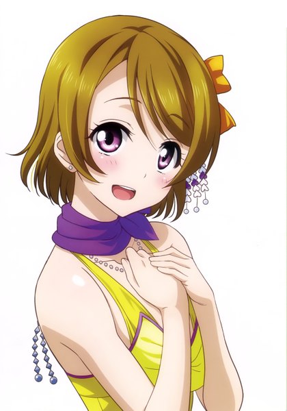 Anime picture 2144x3063 with love live! school idol project sunrise (studio) love live! koizumi hanayo inou shin single tall image blush highres short hair open mouth simple background brown hair white background purple eyes bare shoulders scan girl hair ornament neckerchief