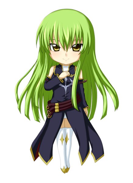 Anime picture 1186x1630 with code geass sunrise (studio) c.c. kuena single long hair tall image fringe simple background hair between eyes white background yellow eyes green hair chibi girl detached sleeves