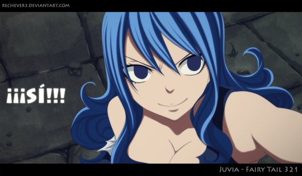 Anime picture 1538x900 with fairy tail juvia lockser jbeenz single long hair blue eyes smile wide image bare shoulders blue hair inscription coloring torn clothes letterboxed close-up girl