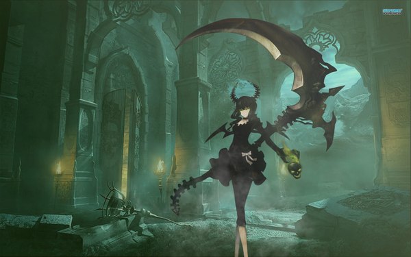 Anime picture 1920x1200 with black rock shooter dead master pavelxxxl single highres black hair wide image standing green eyes horn (horns) shadow jpeg artifacts girl dress bow wings black dress skull scythe torch