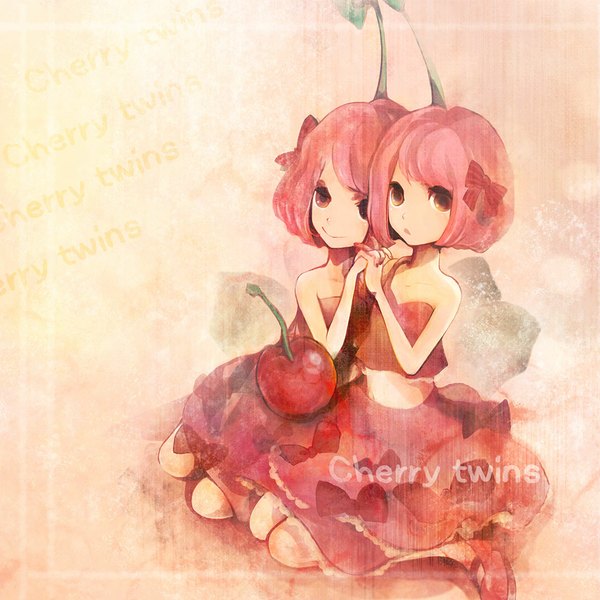 Anime picture 1000x1000 with original xxxxaki fringe short hair simple background sitting multiple girls brown eyes pink hair light smile inscription holding hands twins girl dress bow 2 girls hair bow food fruit