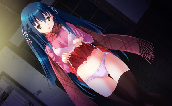 Anime picture 1300x800 with touhikou game tamanaha renna yasuyuki single long hair looking at viewer open mouth light erotic wide image twintails yellow eyes blue hair cameltoe skirt lift girl thighhighs hair ornament underwear panties black thighhighs