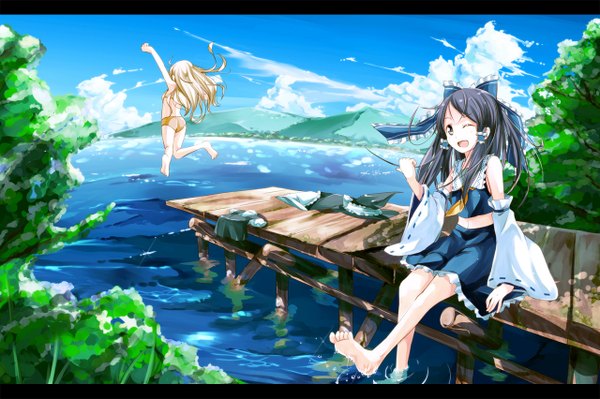 Anime picture 1280x852 with touhou hakurei reimu kirisame marisa aioi aoi black hair blonde hair multiple girls sky cloud (clouds) one eye closed barefoot wink from behind mountain jumping alternate color girl skirt bow 2 girls