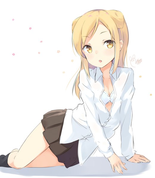 Anime picture 800x920 with demi-chan wa kataritai a-1 pictures takanashi hikari mimura zaja single long hair tall image open mouth light erotic simple background blonde hair white background signed yellow eyes arm support open shirt looking up girl uniform school uniform
