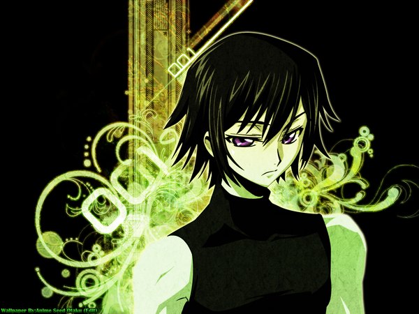 Anime picture 1024x768 with code geass sunrise (studio) lelouch lamperouge single looking at viewer fringe short hair black hair hair between eyes purple eyes signed black background monochrome boy