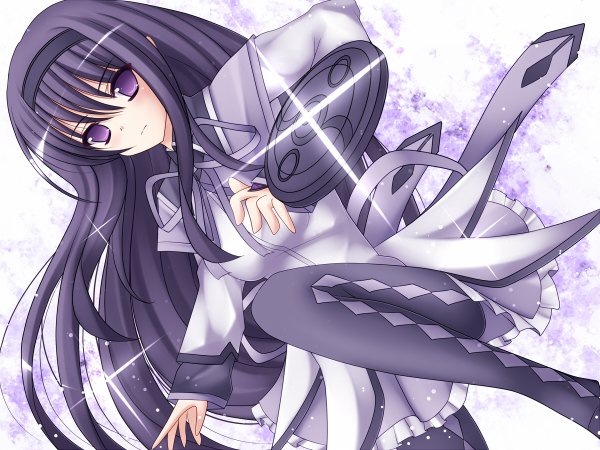 Anime picture 1200x900 with mahou shoujo madoka magica shaft (studio) akemi homura mikan (5555) long hair black hair purple eyes empty eyes girl pantyhose hairband