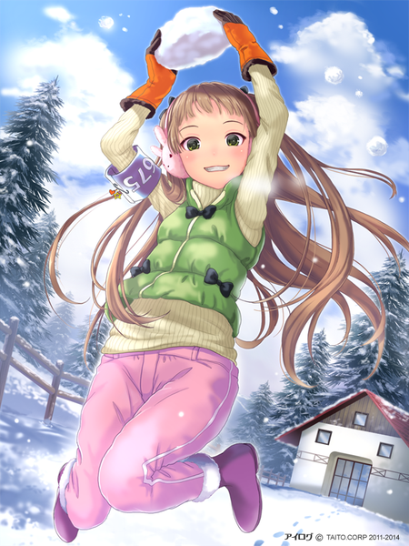 Anime picture 640x853 with ilog amakusa rin occhan single long hair tall image looking at viewer blush fringe open mouth brown hair twintails green eyes sky cloud (clouds) bent knee (knees) snow exhalation jumping clenched teeth