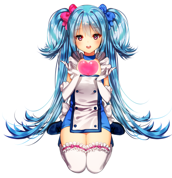 Anime picture 775x801 with original gambe single long hair tall image looking at viewer blush open mouth simple background white background twintails blue hair :d pink eyes seiza girl thighhighs gloves bow hair bow
