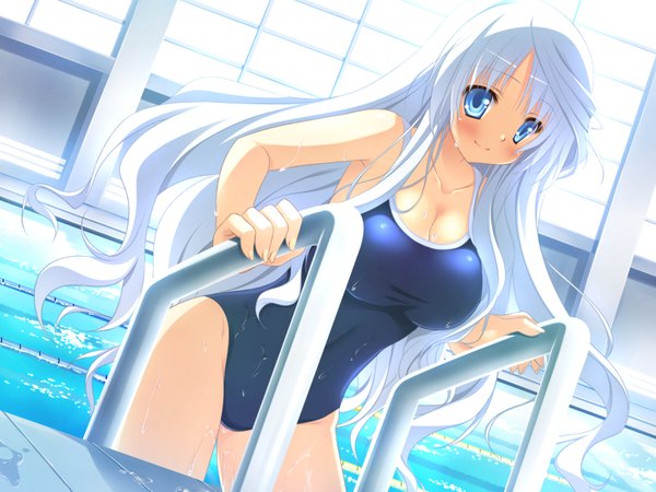 Anime picture 1600x1200 with oni gokko! saionji otome nimura yuuji single long hair looking at viewer blush breasts blue eyes light erotic large breasts game cg white hair girl swimsuit water pool