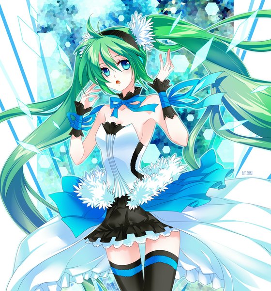 Anime picture 1000x1071 with 7th dragon vocaloid hatsune miku sawaki single tall image looking at viewer open mouth blue eyes very long hair aqua hair girl thighhighs dress black thighhighs hairband