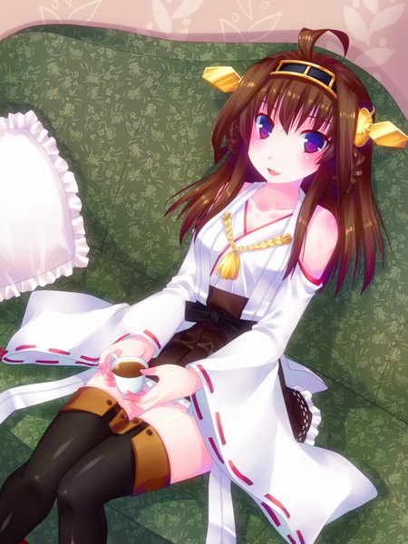 Anime picture 750x1000 with kantai collection kongou battleship door to heaven single long hair tall image looking at viewer blush open mouth brown hair sitting purple eyes bare shoulders ahoge traditional clothes nontraditional miko girl thighhighs hair ornament black thighhighs