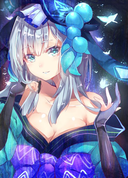 Anime picture 1200x1666 with onmyoji aoandon takitou single long hair tall image looking at viewer fringe breasts light erotic smile hair between eyes twintails bare shoulders silver hair upper body traditional clothes japanese clothes aqua eyes arms up