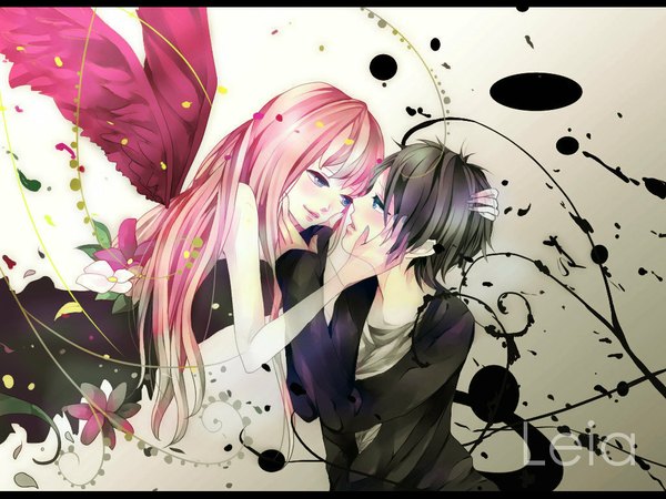 Anime picture 1024x768 with vocaloid leia (vocaloid) megurine luka neko (nico nico singer) em (bycle) long hair blush short hair blue eyes black hair smile signed pink hair nail polish couple angel wings eye contact almost kiss girl boy