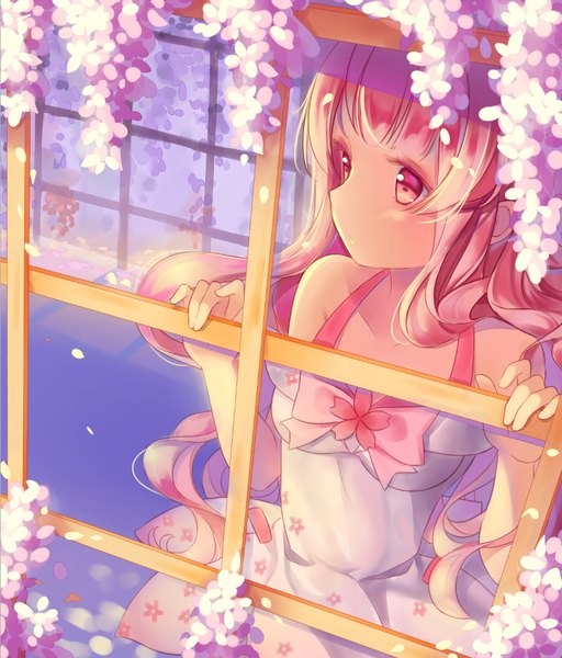 Anime picture 851x998 with original hitsukuya single long hair tall image pink hair pink eyes girl dress flower (flowers) bow window white dress wisteria