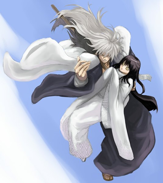 Anime picture 817x916 with nurarihyon no mago nura rikuo yuki onna (nurarihyon no mago) long hair tall image looking at viewer fringe black hair yellow eyes looking away sky cloud (clouds) white hair long sleeves traditional clothes parted lips japanese clothes multicolored hair arm support two-tone hair