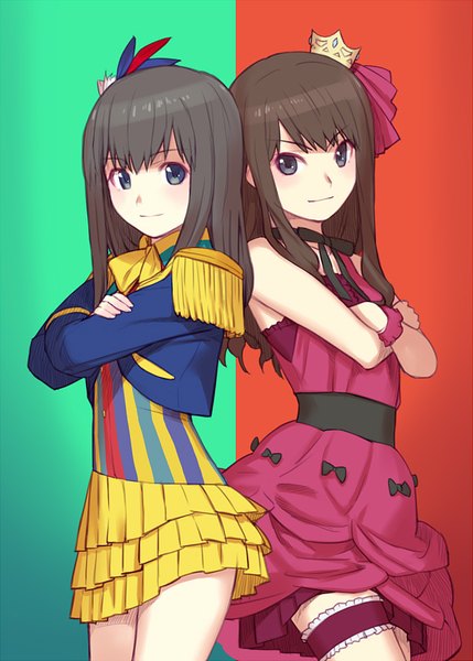 Anime picture 600x839 with wake up girls! shimada mayu iwasaki shiho sakamoto mineji long hair tall image looking at viewer blush fringe blue eyes smile brown hair bare shoulders multiple girls brown eyes pleated skirt crossed arms red background back to back green background