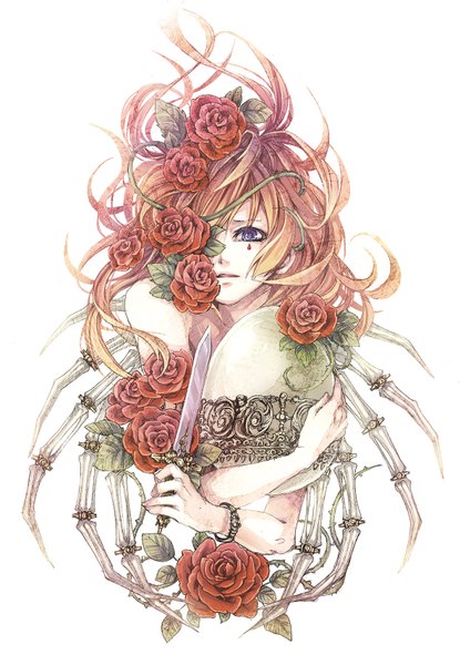 Anime picture 1182x1709 with original yukimichi (nieko) single long hair tall image blue eyes simple background brown hair white background bare shoulders hair flower sad girl hair ornament flower (flowers) weapon wings bracelet rose (roses) red rose