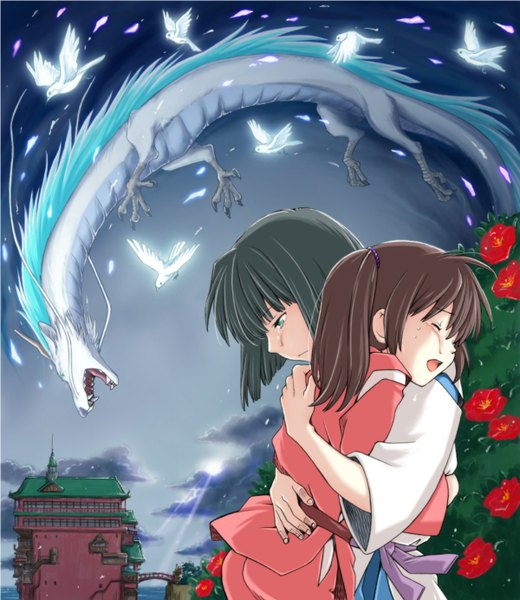 Anime picture 1200x1384 with spirited away studio ghibli haku (spirited away) ogino chihiro haku (dragon) tall image short hair open mouth ponytail eyes closed aqua eyes hug tears crying fantasy bob cut girl boy flower (flowers) plant (plants)