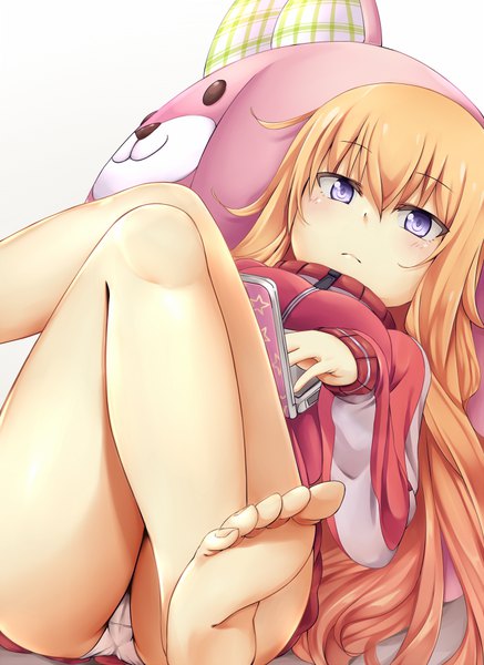 Anime picture 675x925 with gabriel dropout doga kobo tenma gabriel white rixch single long hair tall image looking at viewer fringe light erotic blonde hair hair between eyes purple eyes lying barefoot on back pantyshot crossed legs girl underwear