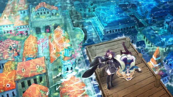 Anime picture 1536x864 with original konatsu hare long hair looking at viewer open mouth blue eyes blonde hair wide image multiple girls purple hair lying girl thighhighs dress black thighhighs 2 girls animal water boots fish (fishes)
