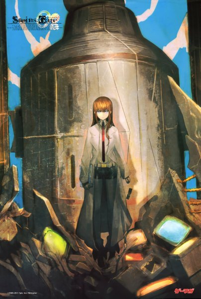 Anime picture 3553x5273 with steins;gate white fox makise kurisu huke single long hair tall image looking at viewer highres blue eyes brown hair absurdres inscription girl shirt necktie shorts phone labcoat television