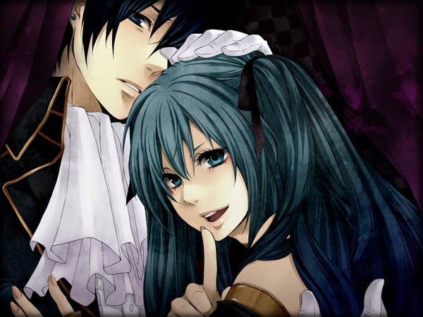 Anime picture 1433x1075 with vocaloid cantarella (vocaloid) hatsune miku kaito (vocaloid) asami yoruko long hair short hair blue eyes green eyes blue hair green hair couple hand on another's head girl boy gloves earrings neckerchief