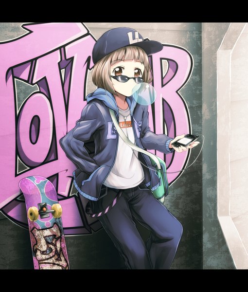 Anime picture 1700x2000 with love lab doga kobo tanahashi suzune tom (drpow) single tall image looking at viewer short hair brown hair brown eyes hand in pocket graffiti girl jacket bag sunglasses bubble (bubbles) flat cap iphone