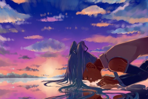 Anime picture 1200x800 with vocaloid hatsune miku jaco single long hair twintails bare shoulders blue hair sky cloud (clouds) nail polish sunlight tattoo reflection sunbeam almost kiss girl detached sleeves sun