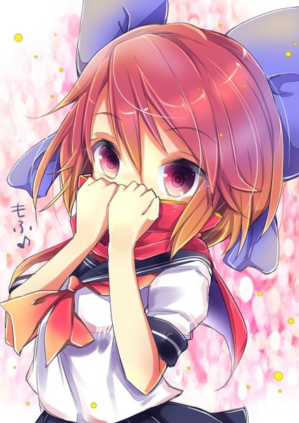 Anime picture 1018x1440 with touhou sekibanki uta (kuroneko) single tall image short hair red eyes looking away red hair alternate costume covering girl uniform bow hair bow serafuku scarf