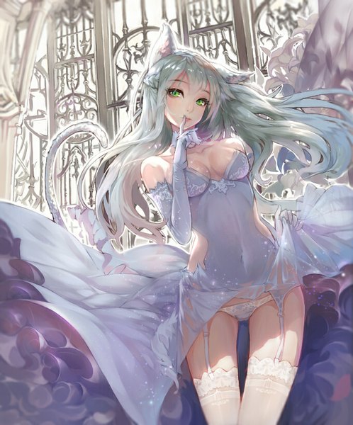 Anime picture 680x819 with original kokage no shita single long hair tall image looking at viewer fringe light erotic standing bare shoulders holding green eyes animal ears silver hair tail animal tail cat ears cat girl cat tail revision