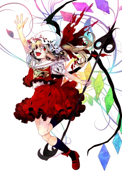 Anime picture 1060x1500 with touhou flandre scarlet yoko (shiocolor) single tall image short hair open mouth blonde hair simple background red eyes white background girl weapon wings socks black socks bonnet crystal laevatein (touhou)