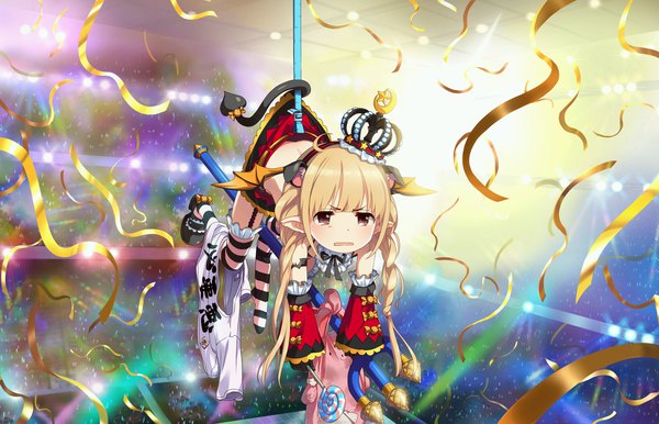 Anime picture 1280x824 with idolmaster idolmaster cinderella girls idolmaster cinderella girls starlight stage futaba anzu single long hair looking at viewer fringe open mouth blonde hair holding brown eyes full body ahoge tail blunt bangs braid (braids) pointy ears official art twin braids