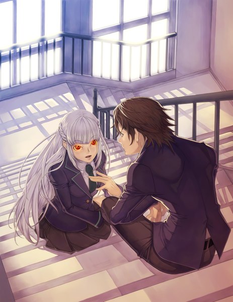 Anime picture 2500x3235 with original katsutake long hair tall image highres short hair open mouth brown hair absurdres white hair orange eyes glowing glowing eye (eyes) face to face girl boy uniform school uniform necktie stairs