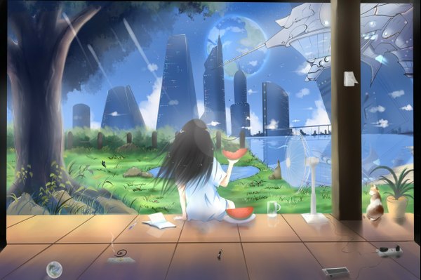 Anime picture 1207x804 with original littlepotato single long hair black hair sky cloud (clouds) city girl dress plant (plants) tree (trees) sea building (buildings) cat grass fan