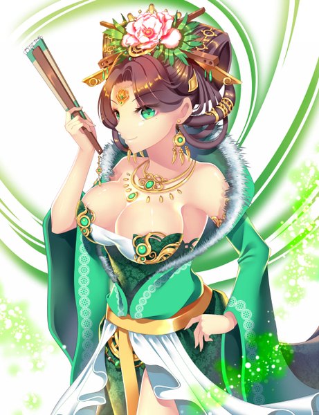 Anime picture 1000x1300 with original agrt single long hair tall image breasts light erotic smile brown hair large breasts green eyes long sleeves hair flower girl dress hair ornament flower (flowers) detached sleeves earrings pendant