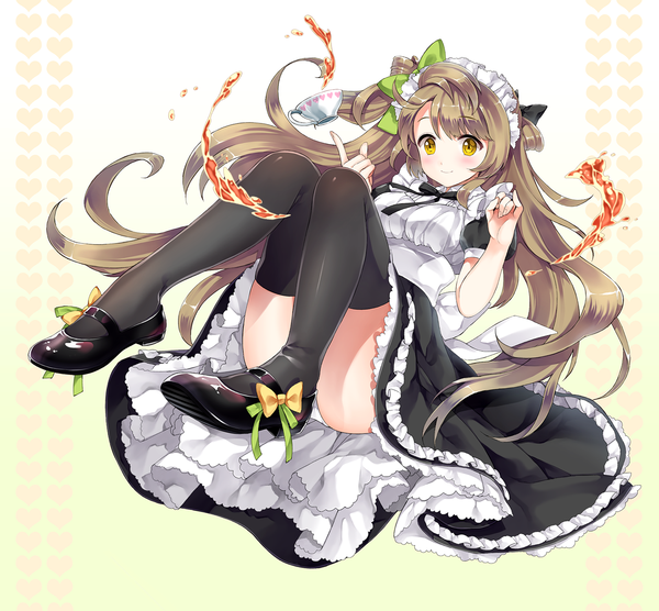 Anime picture 1500x1391 with love live! school idol project sunrise (studio) love live! minami kotori ice (ice aptx) single long hair looking at viewer blush light erotic smile brown hair yellow eyes maid pantyshot one side up convenient leg girl thighhighs dress