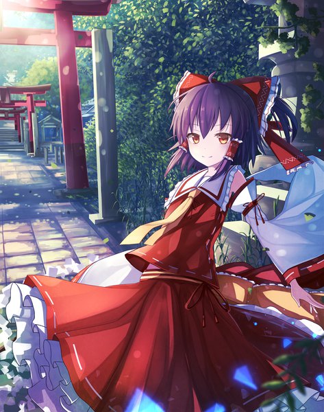 Anime picture 1815x2304 with touhou hakurei reimu koyuki ekaki single tall image looking at viewer fringe highres short hair hair between eyes red eyes standing purple hair traditional clothes japanese clothes light smile wind sunlight wide sleeves lens flare